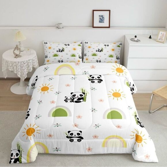 Cute Rainbow Panda Kids Queen Size Bedding Set- Comforter And 2 Pillow Cases NWT - Picture 1 of 7